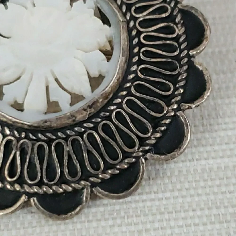 Vintage 935 Silver Jerusalem Carved Mother Of Pearl Flower Brooch Pin Pendant